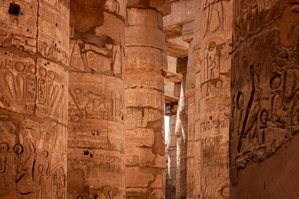 Close-up of ancient columns with detailed hieroglyphics