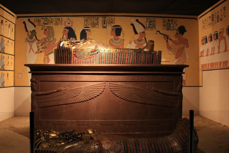 Sarcophagus adorned with colorful patterns and hieroglyphs