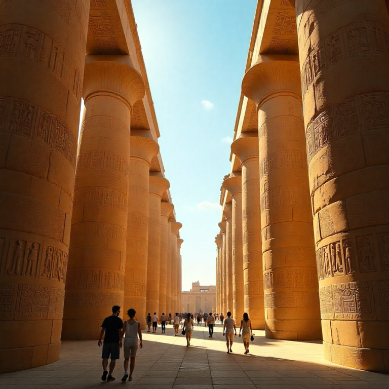Tourists exploring a corridor of ancient columns