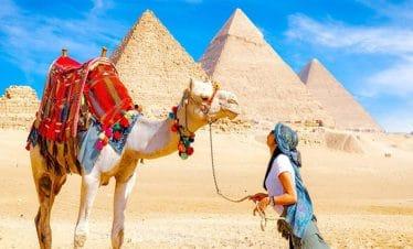 Woman interacting with camel near pyramids