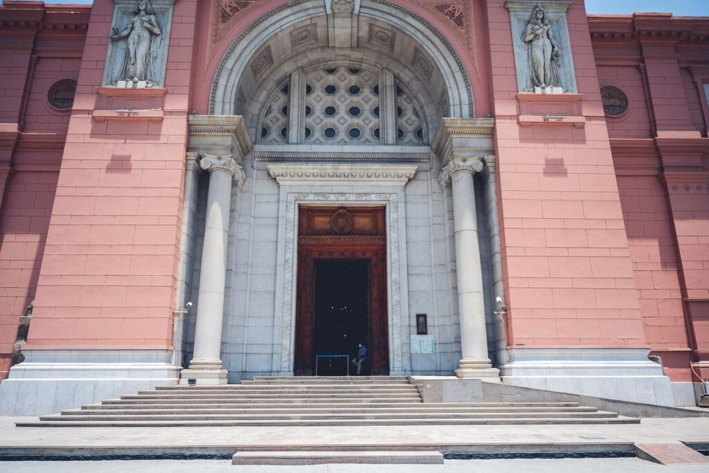 Entrance of National Museum of Egyptian Civilization with detailed architecture